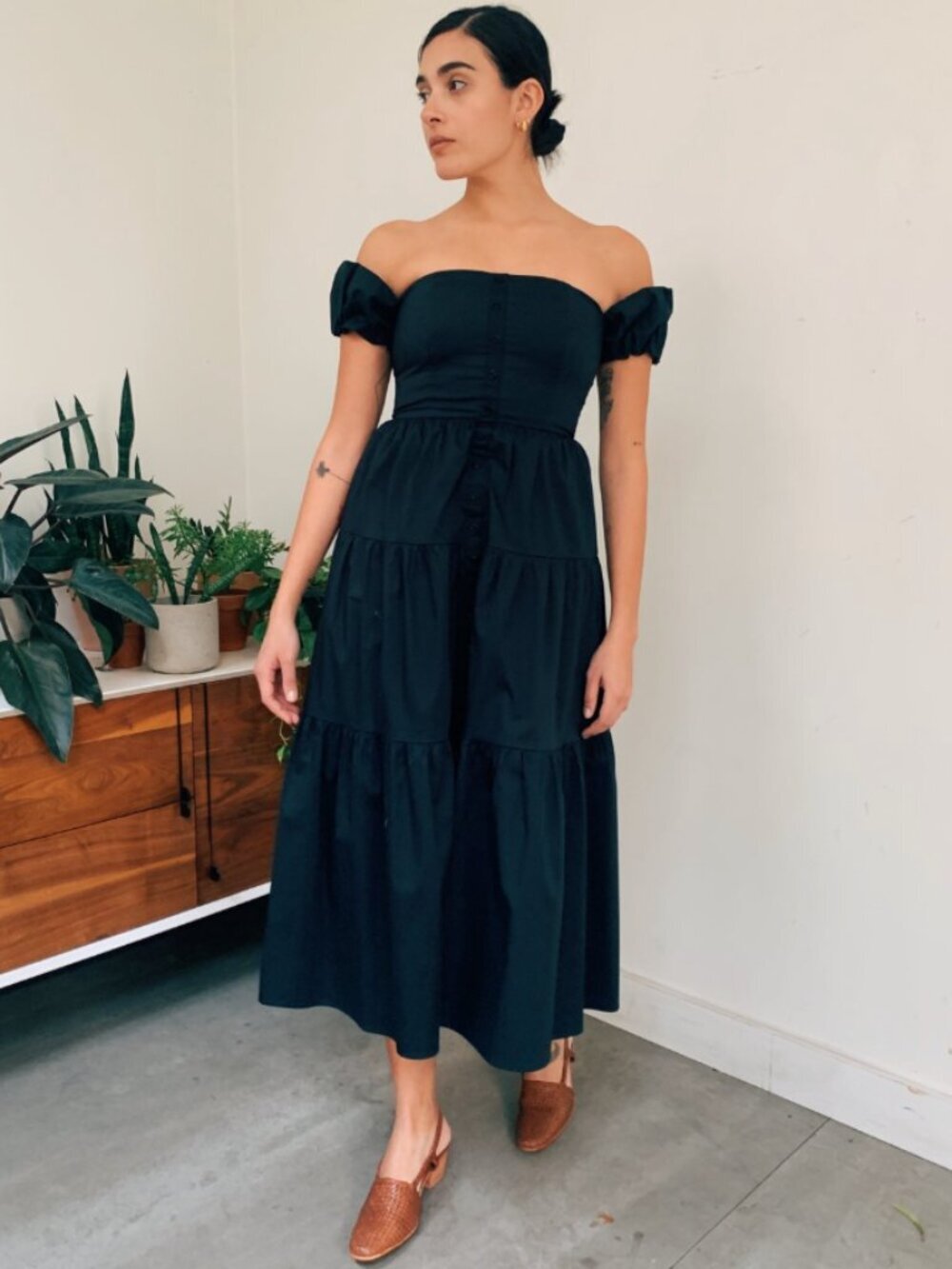 NWT STAUD Elio Black Cotton Poplin A Line Midi Dress Off Shoulder 12 / XL $285